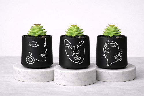 Matte black succulent jar trio with white abstract face line art on marble pedestals