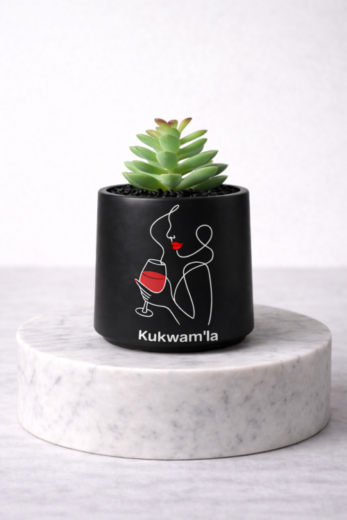 Matte black mini succulent jar with a green succulent and minimalist line art of a woman holding a red wine glass, with the text “Kukwam’la”, displayed on a white marble pedestal.