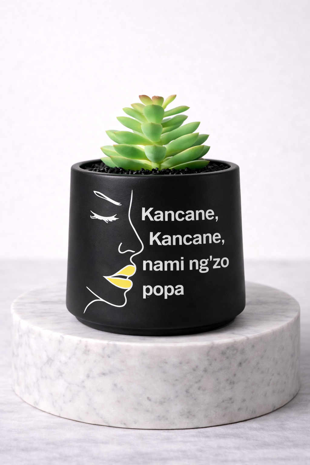 Mini matte black succulent jar on a marble pedestal with white line-art face design and motivational message.