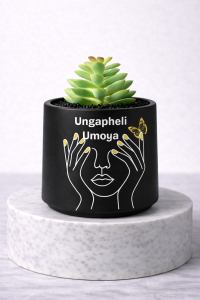 Ungapheli Umoya black succulent jar on white marble pedestal