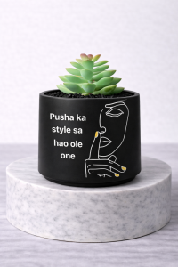 Pusha ka style sa hao ole one mini faux succulent jar in matte black on marble pedestal
