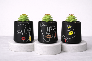 Matte black succulent jar trio with white abstract face line art on marble pedestals